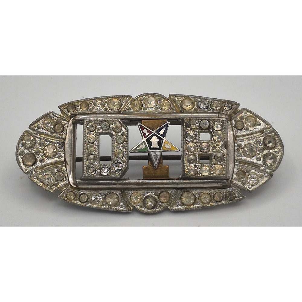 Vtg Order of the Eastern Star OES Brooch Silver Pot Metal Rhinestone Fraternal
